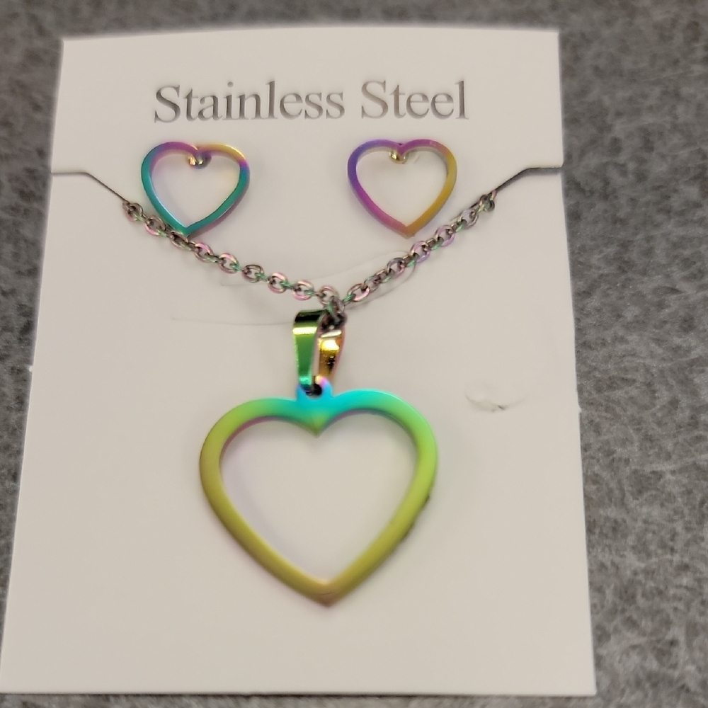 Stainless Steel Heart Necklace and Earring Set - Multicolor